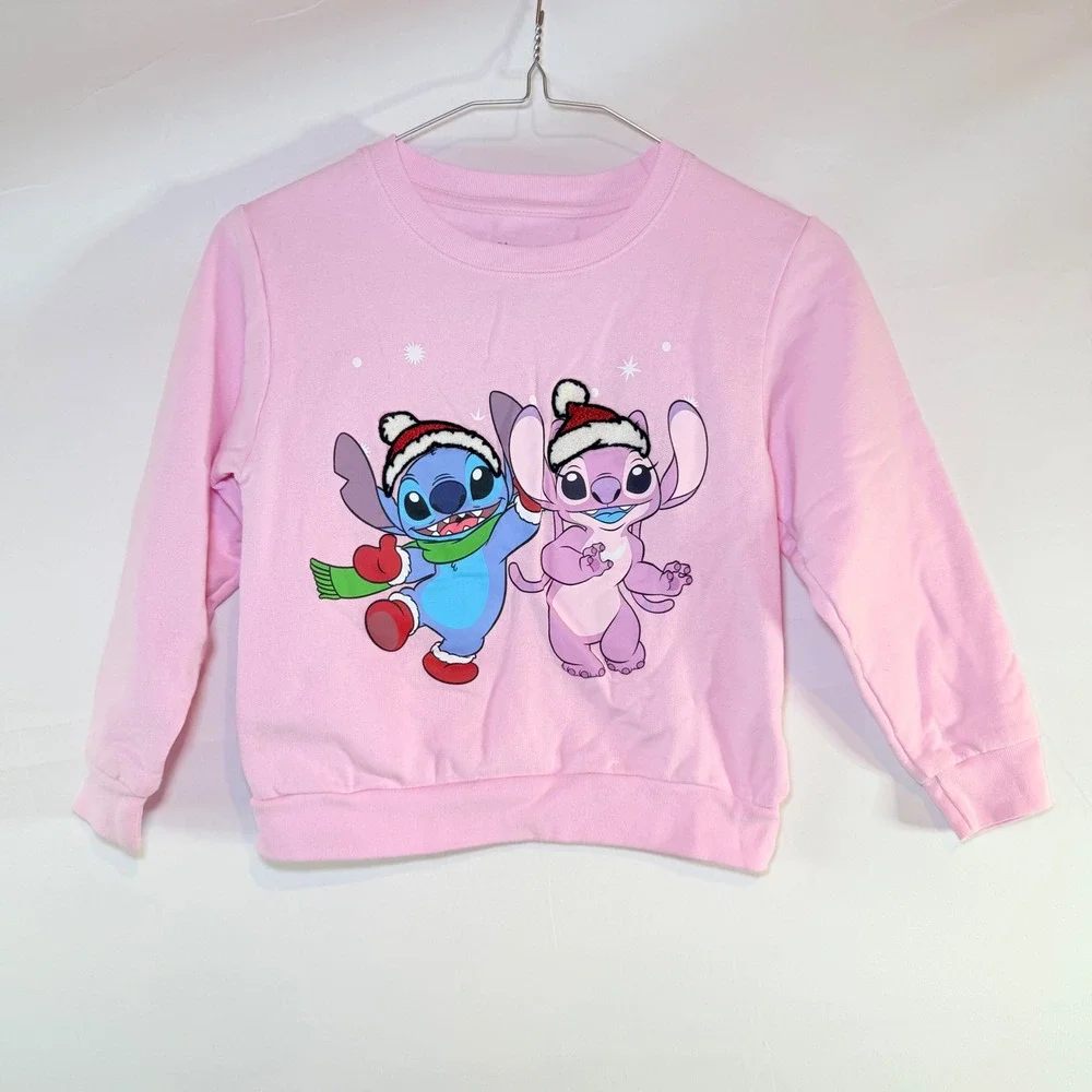 Disney Stitch and Angel Pink‎ Christmas Sweatshirt Kids Size 7/8 Holiday Fleece